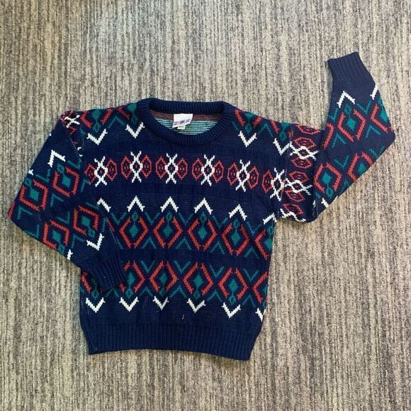 Vintage Cadet Boys Club Size 8 Pullover Sweater Blue Geo‎ Print Long Sleeve - Picture 1 of 6